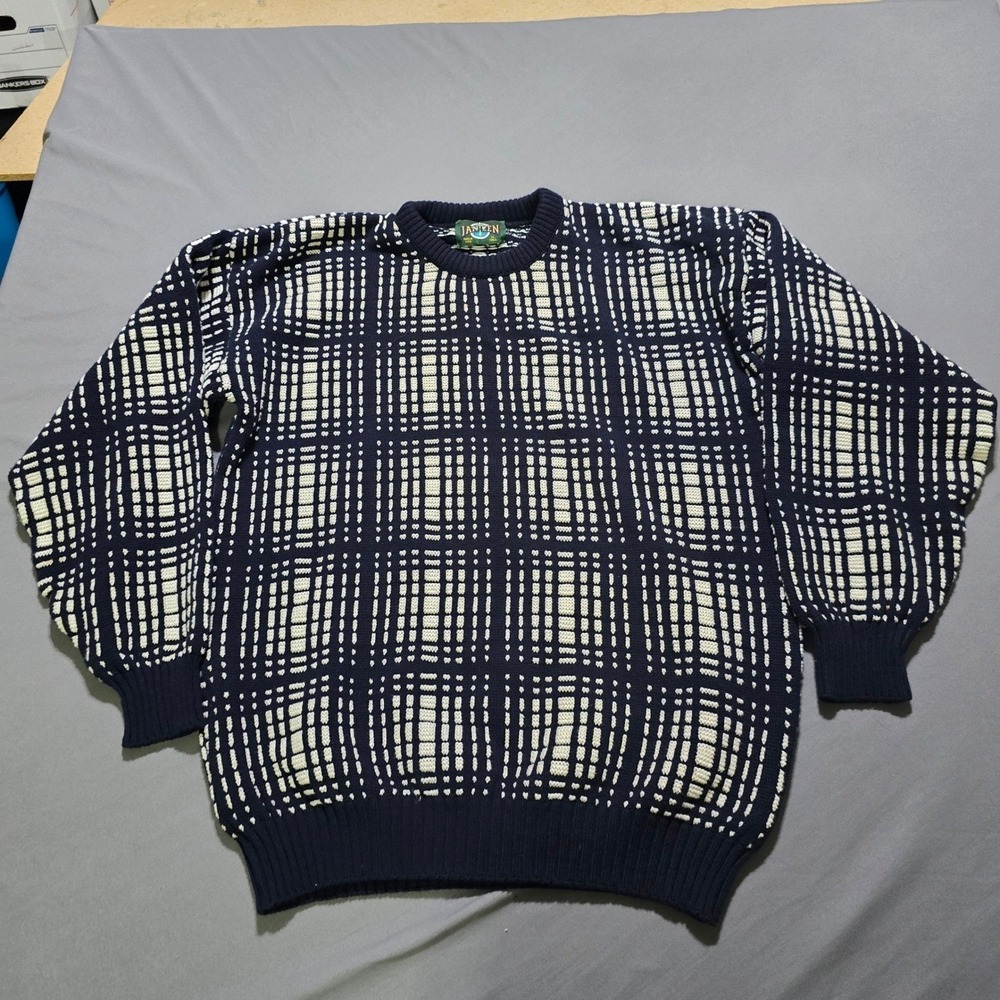 Jantzen Sweater Mens XL Tall Navy Blue White Grid Knit Vintage Made in USA